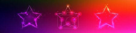 Illustration for Set of three neon frames in star form with shining effects and sparkles on dark red background. Empty glowing techno backdrop. Vector illustration - Royalty Free Image