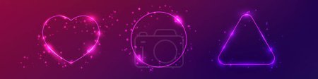 Illustration for Set of three neon frames with shining effects and sparkles on dark purple background. Empty glowing techno backdrop. Vector illustration - Royalty Free Image