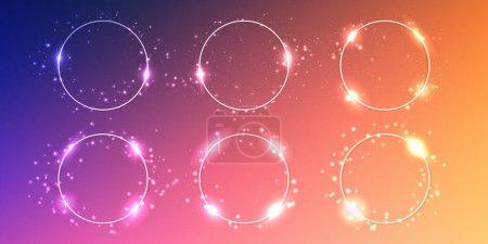 Illustration for Set of six neon circle frames with shining effects and sparkles on purple and orange background. Empty glowing techno backdrop. Vector illustration - Royalty Free Image