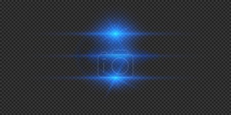 Illustration for Light effect of lens flares. Three blue horizontal glowing light starburst effects with sparkles on a grey transparent background. Vector illustration - Royalty Free Image