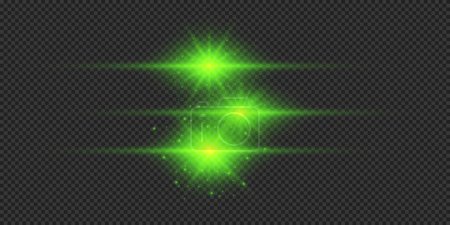 Illustration for Light effect of lens flares. Three green horizontal glowing light starburst effects with sparkles on a grey transparent background. Vector illustration - Royalty Free Image