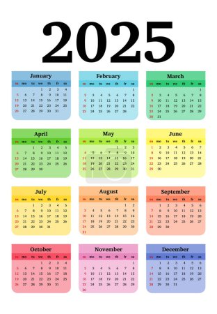 Ilustración de Calendario para 2025 aislado sobre fondo blanco. De domingo a lunes, plantilla de negocios. Ilustración vectorial - Imagen libre de derechos