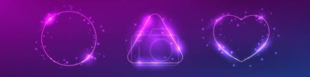 Illustration for Set of three neon frames with shining effects and sparkles on dark purple background. Empty glowing techno backdrop. Vector illustration - Royalty Free Image