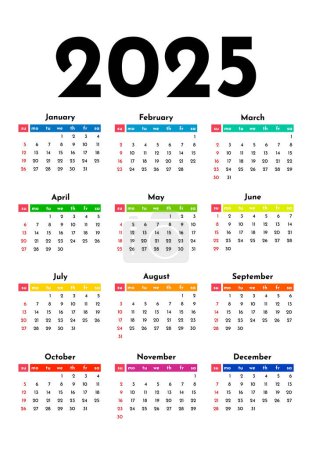 Ilustración de Calendario para 2025 aislado sobre fondo blanco. De domingo a lunes, plantilla de negocios. Ilustración vectorial - Imagen libre de derechos