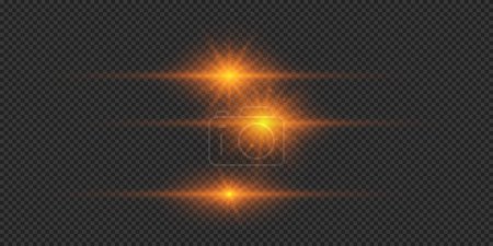 Illustration for Light effect of lens flares. Three orange horizontal glowing light starburst effects with sparkles on a grey transparent background. Vector illustration - Royalty Free Image
