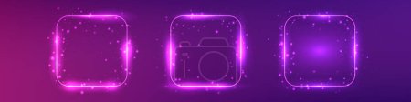 Illustration for Set of three neon rounded square frames with shining effects and sparkles on dark purple background. Empty glowing techno backdrop. Vector illustration - Royalty Free Image