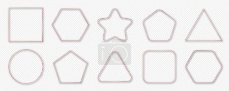 Illustration for Set of ten rose gold glowing glowing different geometric shape frames isolated on transparent background. Shiny frame with glowing effects. Vector illustration - Royalty Free Image
