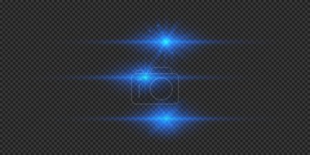 Ilustración de Efecto luminoso de las bengalas. Tres reflejos estelares brillantes horizontales azules con destellos sobre un fondo gris transparente. Ilustración vectorial - Imagen libre de derechos