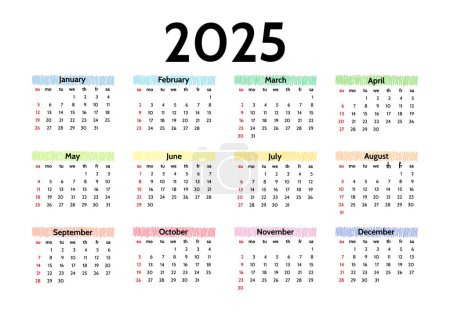 Illustration for Calendar for 2025 isolated on a white background. Sunday to Monday, business template. Vector illustration - Royalty Free Image