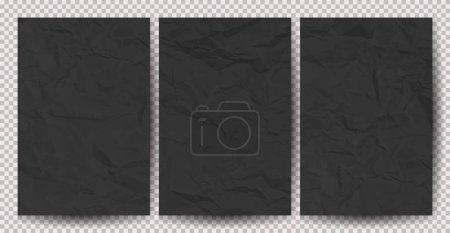 Illustration for Set of black clean crumpled papers on transparent background. Crumpled empty sheets of paper with shadow for posters and banners. Vector illustration - Royalty Free Image