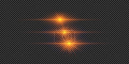 Ilustración de Efecto luminoso de las bengalas. Tres luces brillantes horizontales anaranjadas con destellos sobre un fondo gris transparente. Ilustración vectorial - Imagen libre de derechos