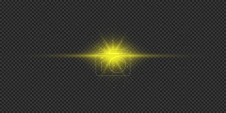 Lichteffekt von Linsenraketen. Gelber horizontal leuchtender Licht-Starburst-Effekt mit Funkeln auf grauem, transparentem Hintergrund. Vektorillustration