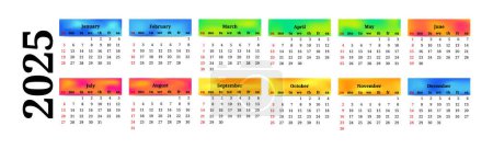 Illustration for Horizontal calendar for 2025 isolated on a white background. Sunday to Monday, business template. Vector illustration - Royalty Free Image