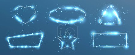 Illustration for Set of six neon frames in different geometric forms with shining effects and sparkles on blue background. Empty glowing techno backdrop. Vector illustration - Royalty Free Image