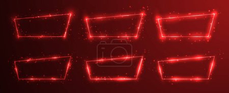 Illustration for Set of six neon frames with shining effects and sparkles on dark red background. Empty glowing techno backdrop. Vector illustration - Royalty Free Image