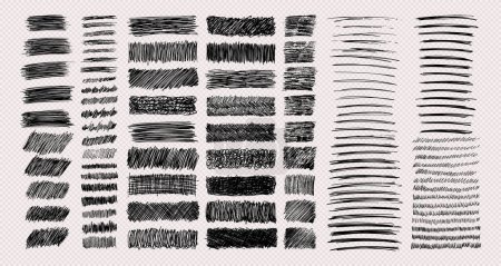 Illustration for Big set of rectangle scribble smears, wavy lines and strokes drawn with pen. Black hand drawn design elements on transparent background. Vector illustration - Royalty Free Image