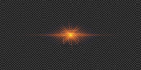 Illustration for Light effect of lens flares. Orange horizontal glowing light starburst effect with sparkles on a grey transparent background. Vector illustration - Royalty Free Image