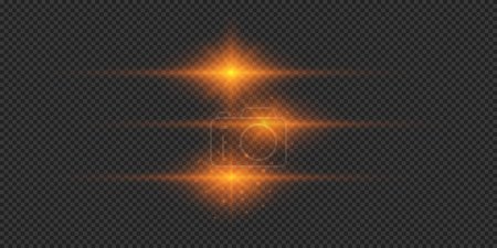 Illustration for Light effect of lens flares. Three orange horizontal glowing light starburst effects with sparkles on a grey transparent background. Vector illustration - Royalty Free Image