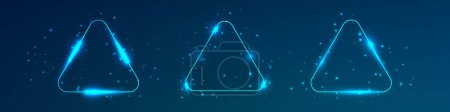 Illustration for Set of three neon rounded triangle frames with shining effects and sparkles on dark blue background. Empty glowing techno backdrop. Vector illustration - Royalty Free Image