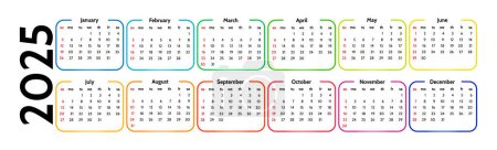 Illustration for Horizontal calendar for 2025 isolated on a white background. Sunday to Monday, business template. Vector illustration - Royalty Free Image