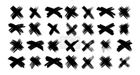Cepillo dibujado a mano símbolo cruz. Gran conjunto de croquis negros con símbolos cruzados sobre fondo blanco. Ilustración vectorial
