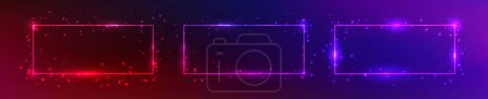 Illustration for Set of three neon rectangular frames with shining effects and sparkles on dark purple background. Empty glowing techno backdrop. Vector illustration - Royalty Free Image