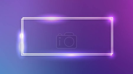 Neon double rectangular frame with shining effects on blue background. Empty glowing techno backdrop. Vector illustration