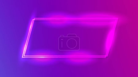 Neon double quadrangle frame with shining effects on purple background. Empty glowing techno backdrop. Vector illustration