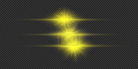 Ilustración de Efecto luminoso de las bengalas. Tres amarillo horizontal brillante luz starburst efectos con destellos sobre un fondo gris transparente. Ilustración vectorial - Imagen libre de derechos