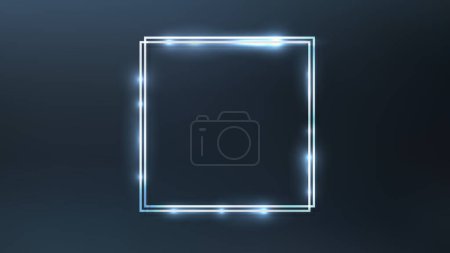 Neon double square frame with shining effects on dark background. Empty glowing techno backdrop. Vector illustration