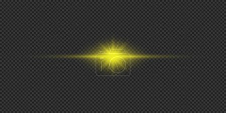 Illustration for Light effect of lens flares. Yellow horizontal glowing light starburst effect with sparkles on a grey transparent background. Vector illustration - Royalty Free Image