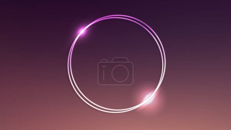 Illustration for Neon double round frame with shining effects on brown background. Empty glowing techno backdrop. Vector illustration - Royalty Free Image