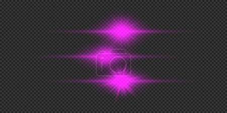 Illustration for Light effect of lens flares. Three purple horizontal glowing light starburst effects with sparkles on a grey transparent background. Vector illustration - Royalty Free Image