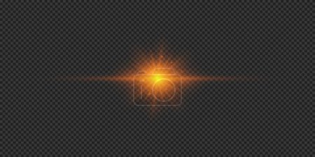 Lichteffekt von Linsenraketen. Orangefarbenes horizontal leuchtendes Licht Starburst-Effekt mit Funkeln auf einem grauen transparenten Hintergrund. Vektorillustration