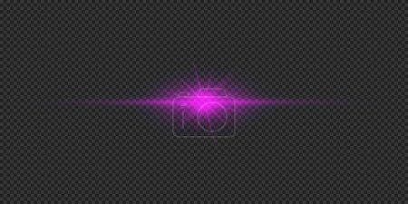 Illustration for Light effect of lens flares. Purple horizontal glowing light starburst effect with sparkles on a grey transparent background. Vector illustration - Royalty Free Image