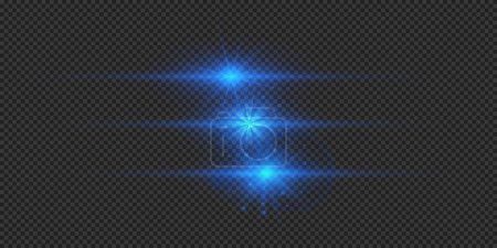 Illustration for Light effect of lens flares. Three blue horizontal glowing light starburst effects with sparkles on a grey transparent background. Vector illustration - Royalty Free Image