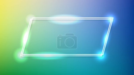Illustration for Neon double quadrangle frame with shining effects on green background. Empty glowing techno backdrop. Vector illustration - Royalty Free Image