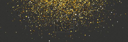 Illustration for Gold glittering dust with stars on a gray transparent background. Dust with gold glitter effect and empty space for your text.  Vector illustration - Royalty Free Image