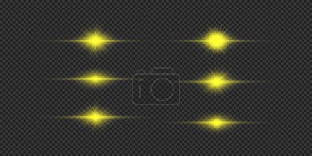 Lichteffekt von Linsenraketen. Set aus gelben horizontalen leuchtenden Licht-Starburst-Effekten mit Funkeln auf einem grauen transparenten Hintergrund. Vektorillustration
