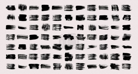 Ilustración de Pinceladas grunge negras. Un gran conjunto de manchas de tinta de pincel pintadas a mano negras. Manchas de tinta aisladas sobre un fondo transparente. Ilustración vectorial - Imagen libre de derechos