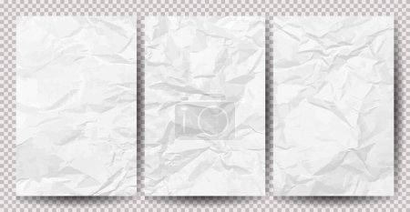 Téléchargez les illustrations : Ensemble de papiers froissés blancs et propres sur fond transparent. Feuilles de papier froissées vides avec ombre pour affiches et bannières. Illustration vectorielle - en licence libre de droit