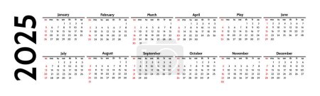 Ilustración de Calendario horizontal para 2025 aislado sobre fondo blanco. De domingo a lunes, plantilla de negocios. Ilustración vectorial - Imagen libre de derechos