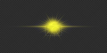 Lichteffekt von Linsenraketen. Gelber horizontal leuchtender Licht-Starburst-Effekt mit Funkeln auf grauem, transparentem Hintergrund. Vektorillustration