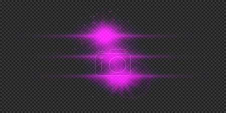 Illustration for Light effect of lens flares. Three purple horizontal glowing light starburst effects with sparkles on a grey transparent background. Vector illustration - Royalty Free Image