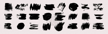 Téléchargez les illustrations : Coups de pinceau grunge noir. Ensemble de taches d'encre peintes à la main noires. Taches d'encre isolées sur un fond transparent. Illustration vectorielle - en licence libre de droit