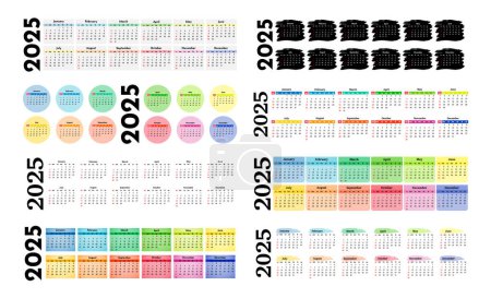 Ilustración de Conjunto de ocho calendarios horizontales para 2025 aislados sobre fondo blanco. De domingo a lunes, plantilla de negocios. Ilustración vectorial - Imagen libre de derechos