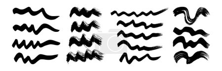 Ilustración de Pinceladas de grunge onduladas negras. Conjunto de rayas de tinta pintadas. Mancha de tinta aislada sobre fondo blanco. Ilustración vectorial - Imagen libre de derechos