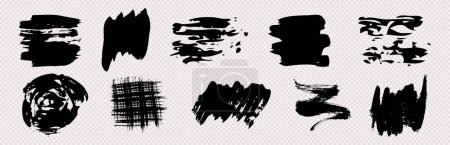 Ilustración de Pinceladas grunge negras. Set de manchas de tinta de pincel pintadas a mano negras. Manchas de tinta aisladas sobre un fondo transparente. Ilustración vectorial - Imagen libre de derechos