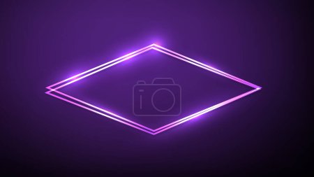 Neon double rhombus frame with shining effects on dark blue background. Empty glowing techno backdrop. Vector illustration