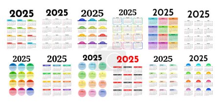 Gran conjunto de calendarios para 2025 aislados sobre un fondo blanco. De domingo a lunes, plantilla de negocios. Ilustración vectorial